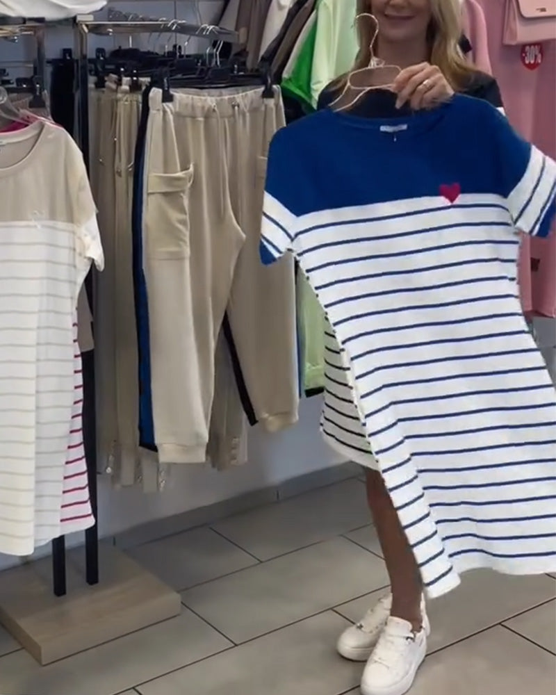 Abito Collo Tondo Casual Striato