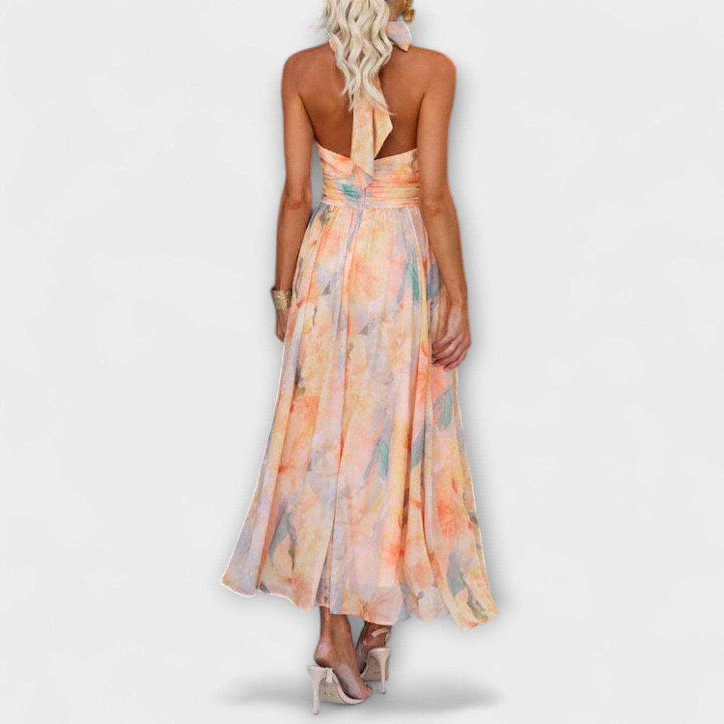 Abito Maxi con Stampa Acquerello a Collo Halter