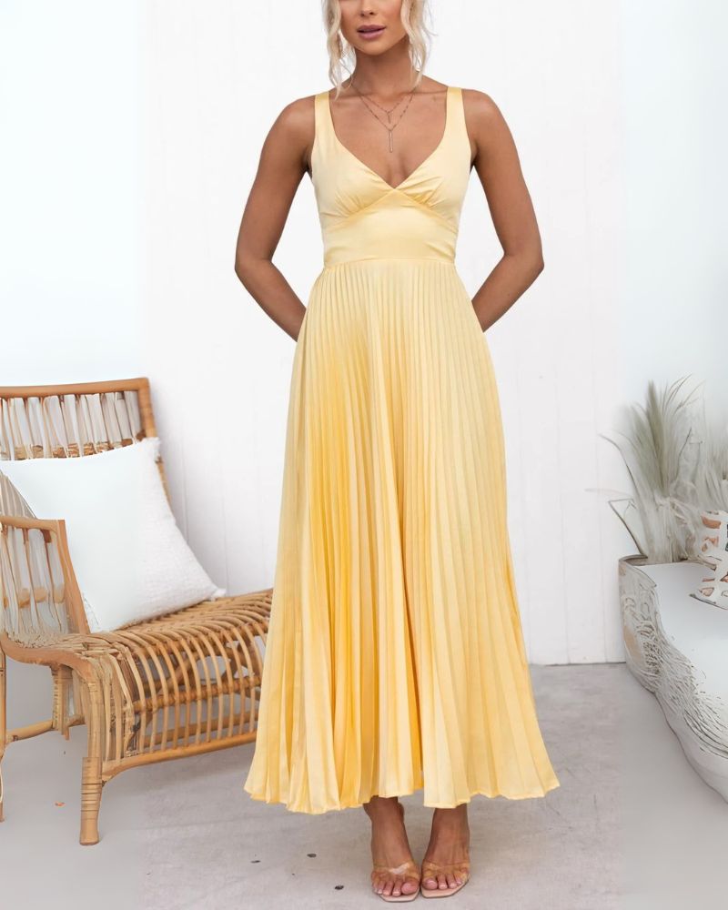 ABIAN – Robe Longue Plissée à Col en V