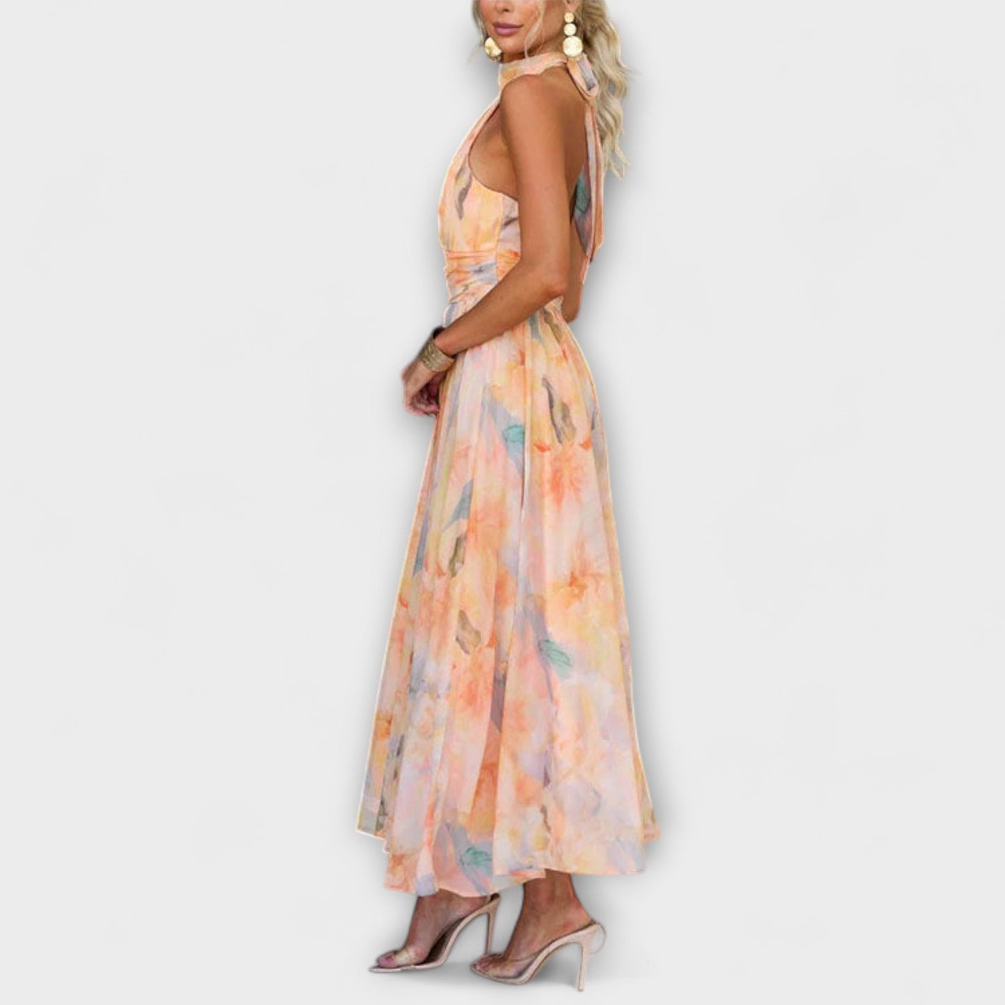 Abito Maxi con Stampa Acquerello a Collo Halter