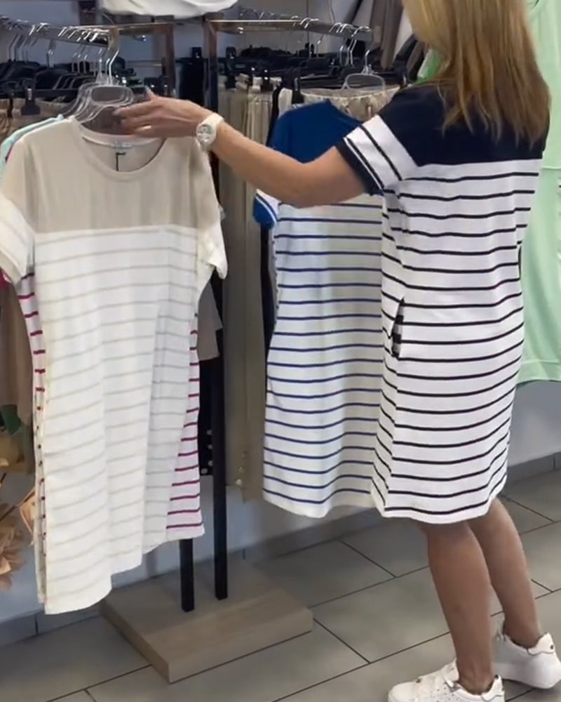 Abito Collo Tondo Casual Striato