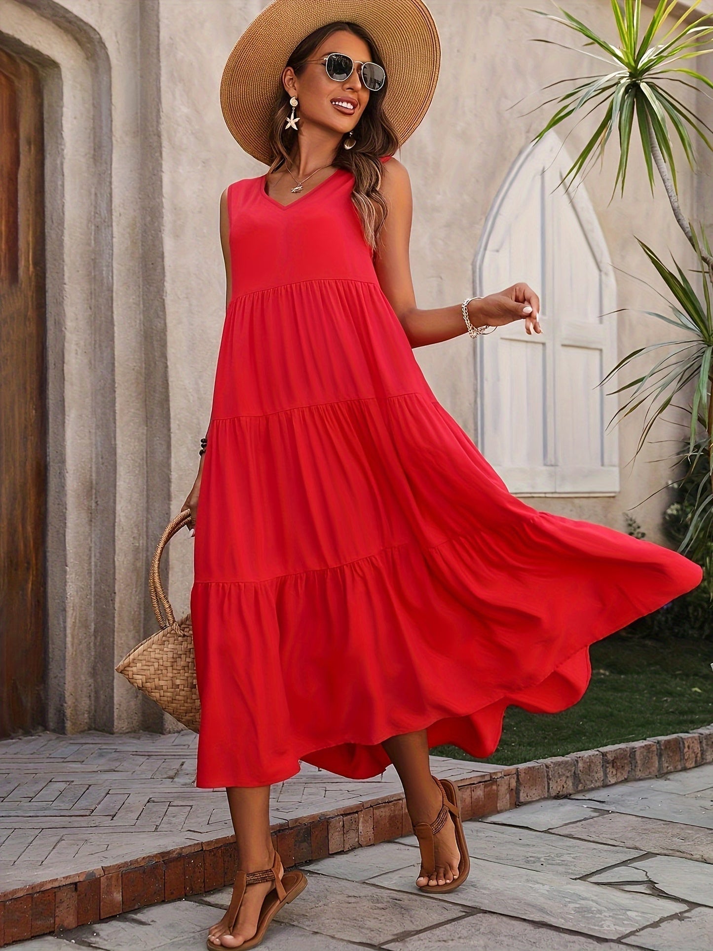 Xitlali | Robe Longue Décontractée Sans Manches à Col en V et Ourlet Volanté pour Femme