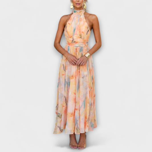 Abito Maxi con Stampa Acquerello a Collo Halter