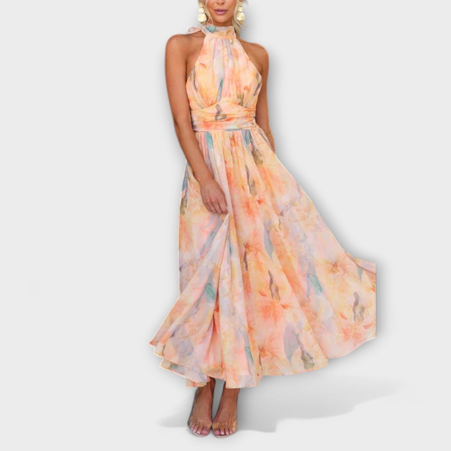 Abito Maxi con Stampa Acquerello a Collo Halter