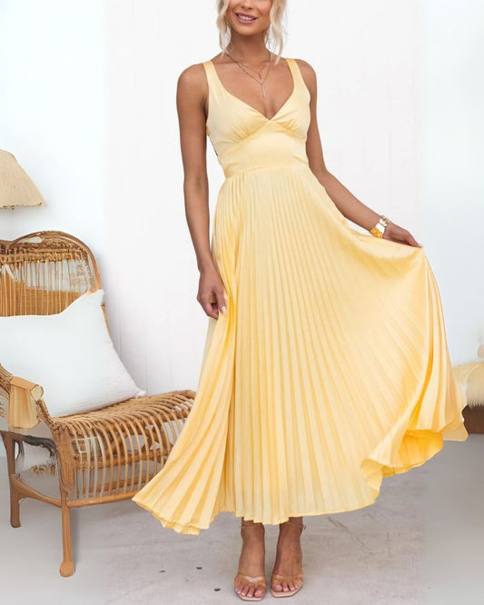 ABIAN – Robe Longue Plissée à Col en V
