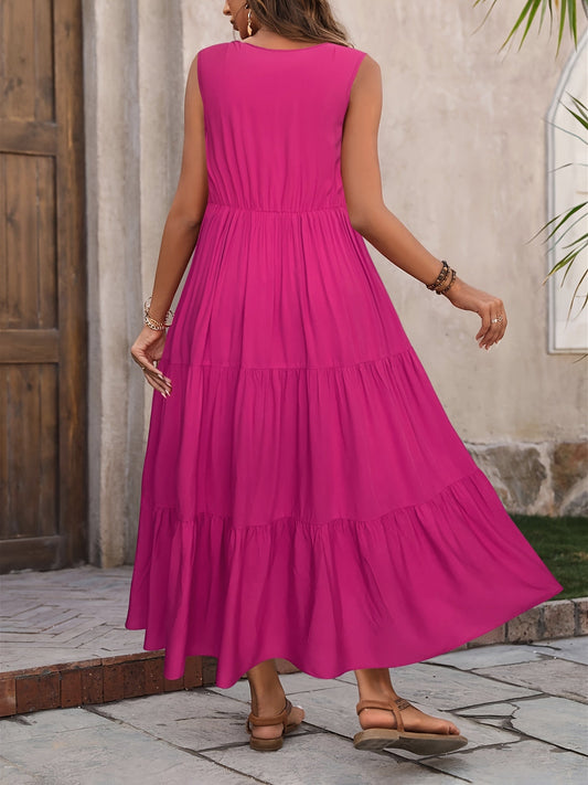 Xitlali | Robe Longue Décontractée Sans Manches à Col en V et Ourlet Volanté pour Femme
