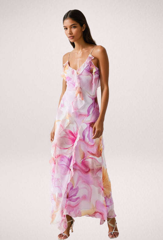 Nylah | Robe Maxi à Volants Fleuries