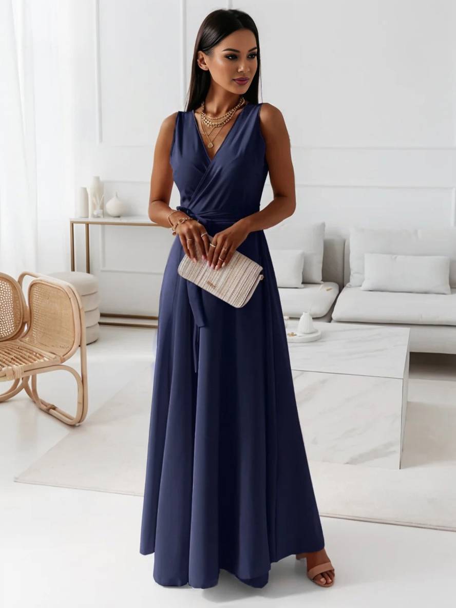 MILOU – Robe Femme Longue à Nœud Col V