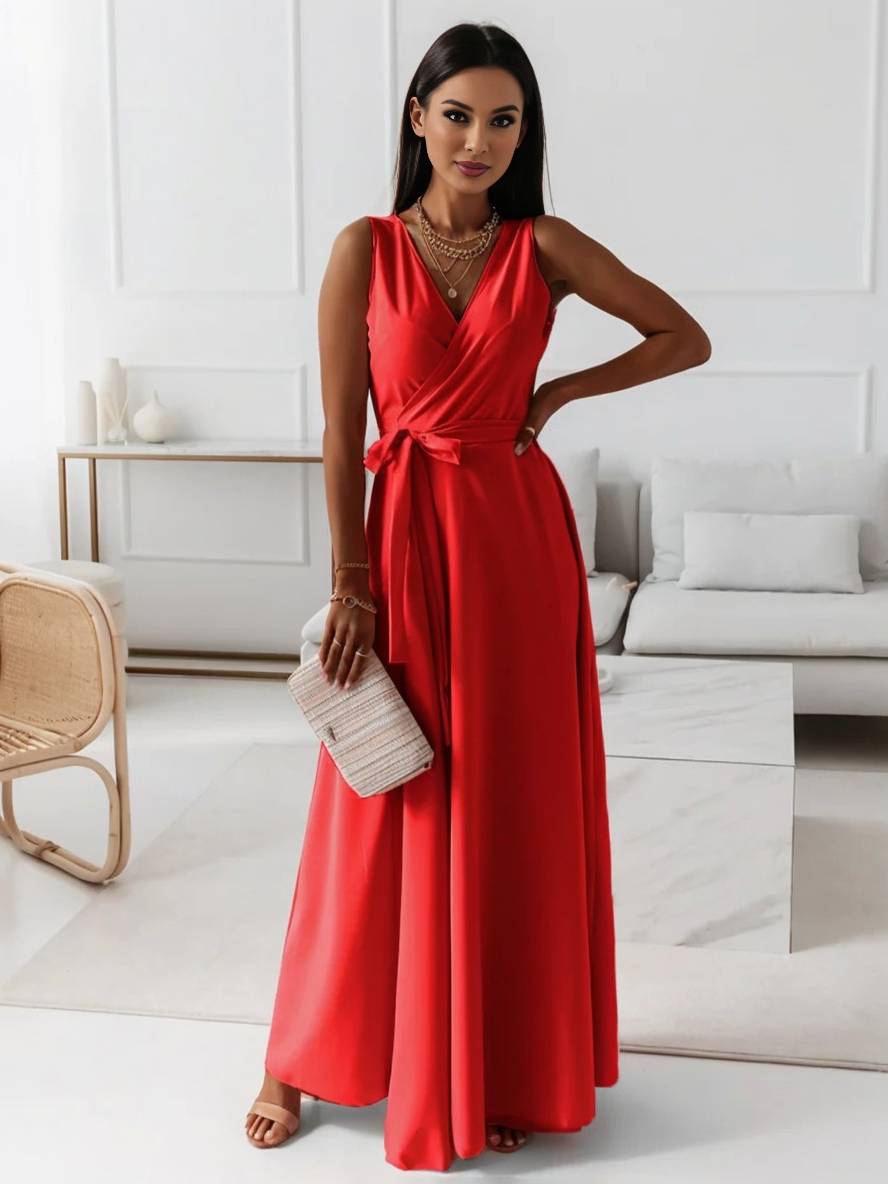 MILOU – Robe Femme Longue à Nœud Col V
