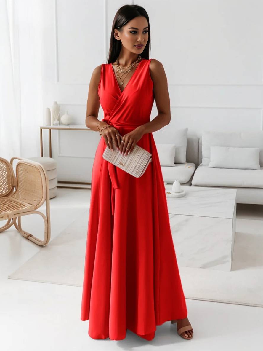 MILOU – Robe Femme Longue à Nœud Col V
