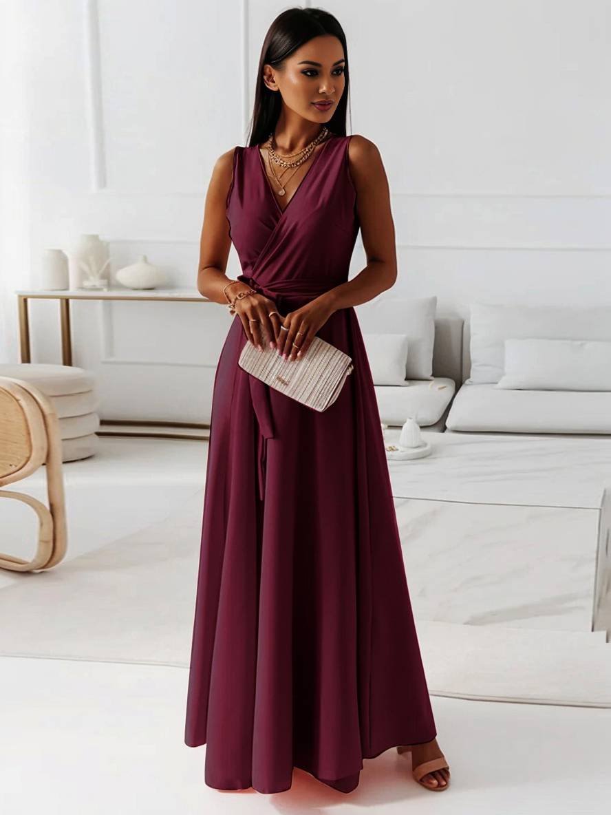 MILOU – Robe Femme Longue à Nœud Col V