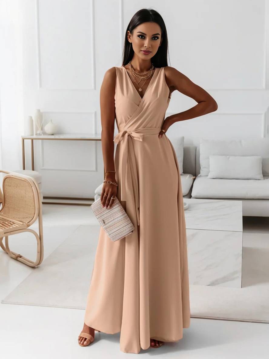 MILOU – Robe Femme Longue à Nœud Col V