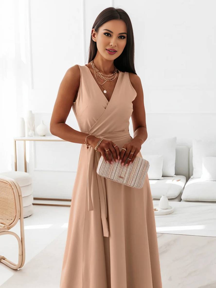 MILOU – Robe Femme Longue à Nœud Col V