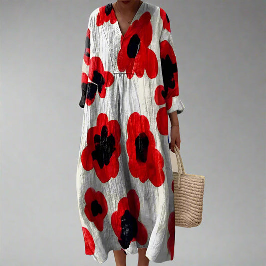 Evelyn | Robe Maxi en Coton à Imprimé Coquelicot Audacieux