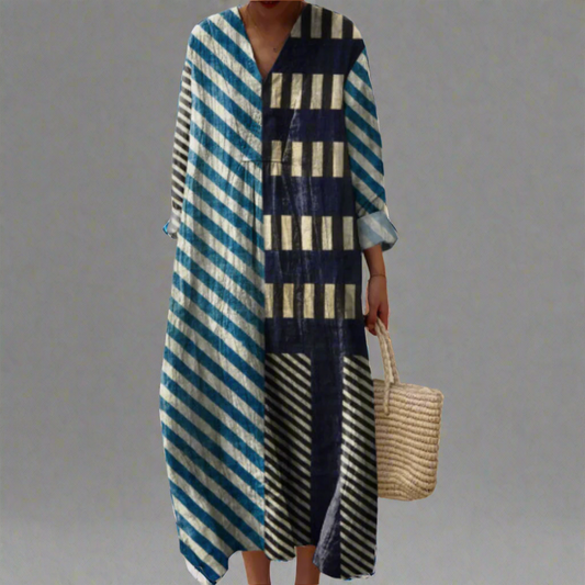 Martha | Robe midi moderne à rayures fausses patchwork