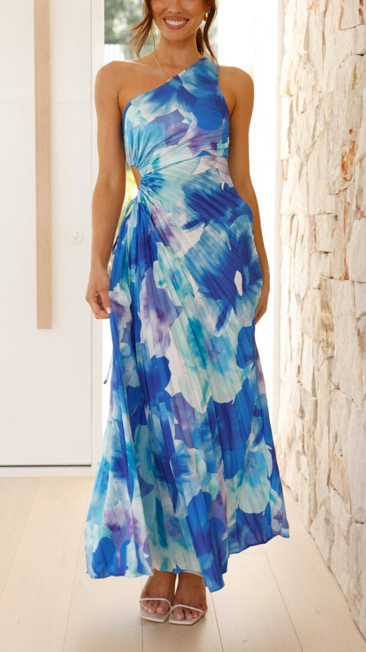 Madison | Robe longue plissée à fleurs avec une seule épaule