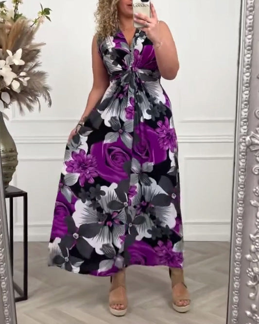 Svea | Robe sans manches et dos avec fronces et imprimé floral