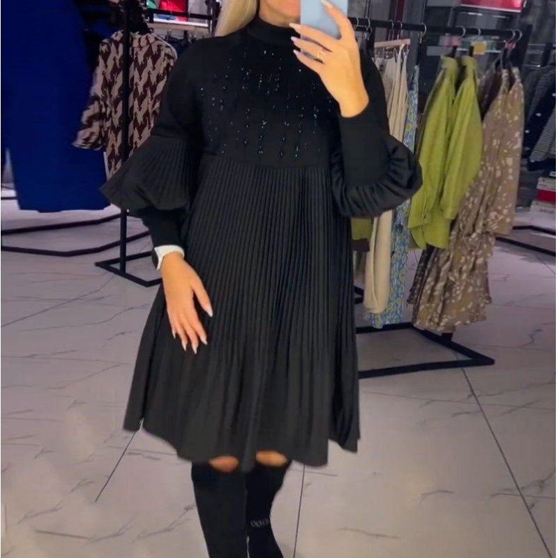 Marlene | Robe grande taille avec col montant et manches bouffantes