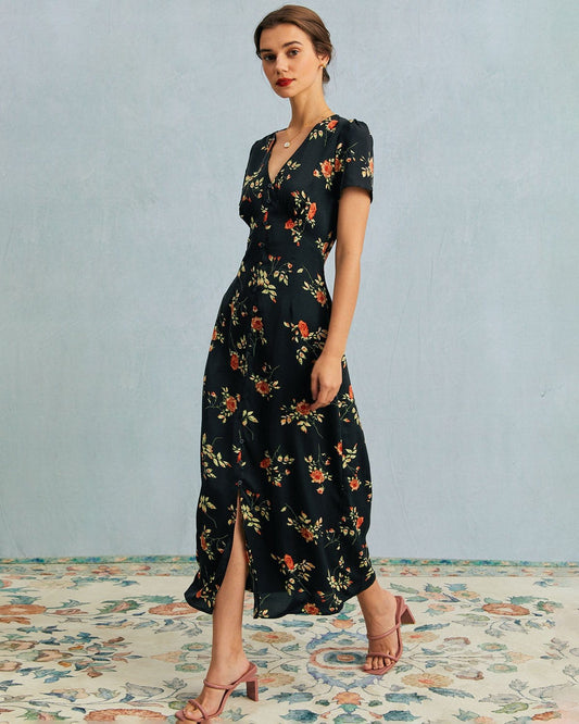 Astrid | Robe mi-longue noire à fleurs